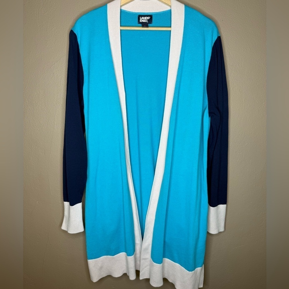 Lands' End Women's Turquoise and Navy Colorblock Duster Cardigan Bold Size XL
